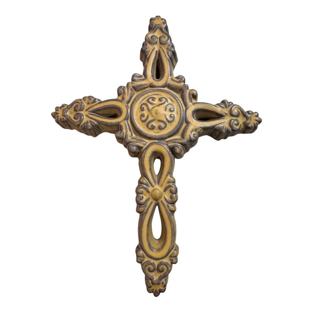 Vintage Ornate Gold & Bronze Wall Cross Large Design Decorative Hanging Accent